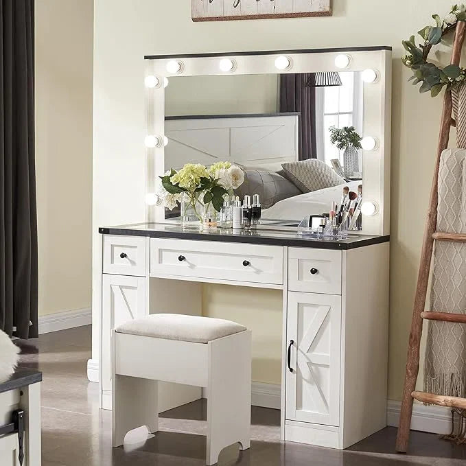 Scott Vanity Dressing Table With Mirror and Stool-Wooden Crest