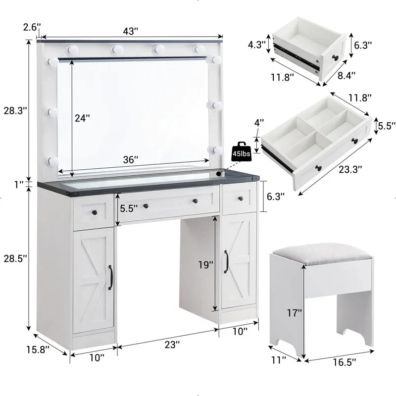 Scott Vanity Dressing Table With Mirror and Stool-Wooden Crest