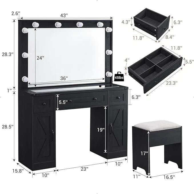 Scott Vanity Dressing Table With Mirror and Stool-Wooden Crest