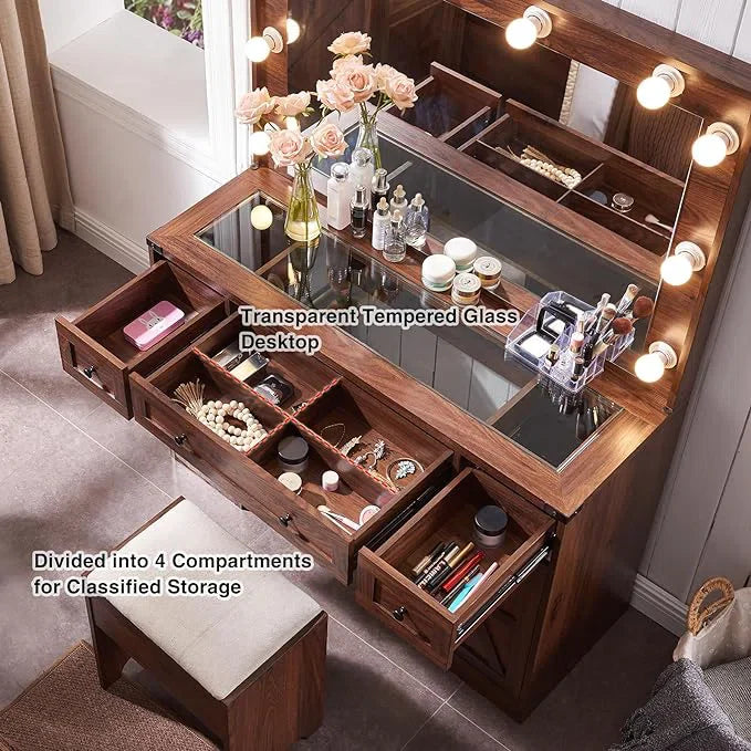Scott Vanity Dressing Table With Mirror and Stool-Wooden Crest