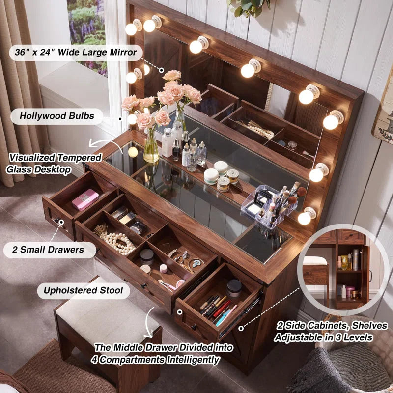 Scott Vanity Dressing Table With Mirror and Stool-Wooden Crest