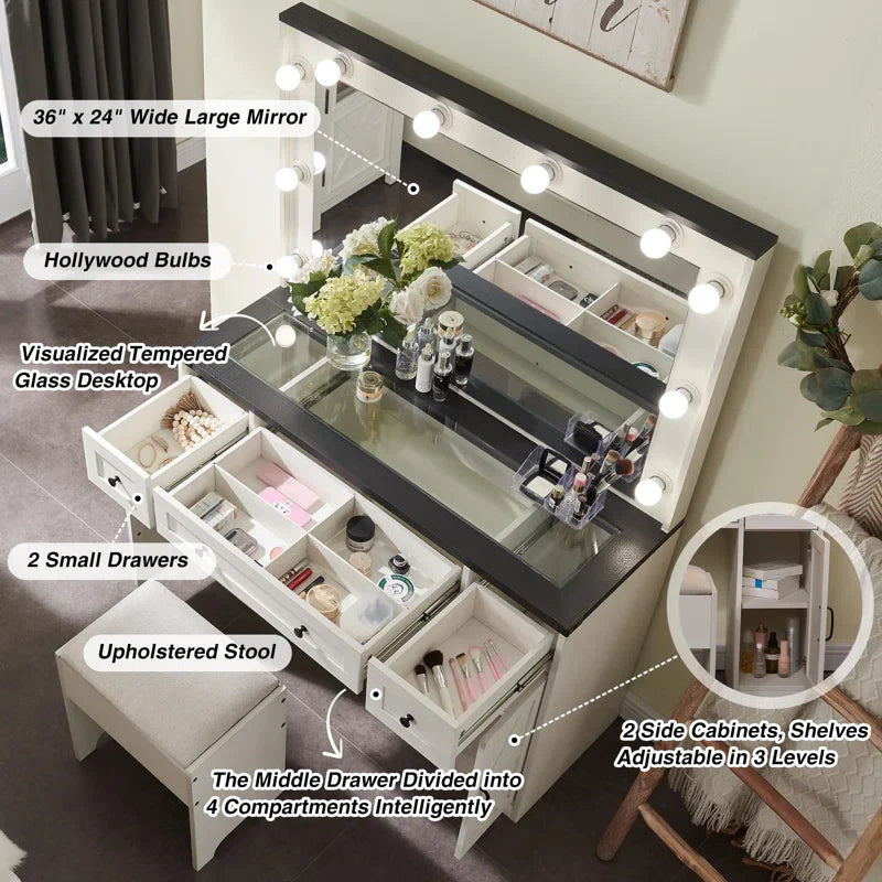 Scott Vanity Dressing Table With Mirror and Stool-Wooden Crest