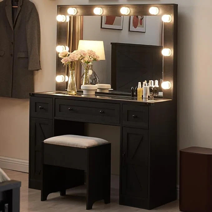 Scott Vanity Dressing Table With Mirror and Stool-Wooden Crest