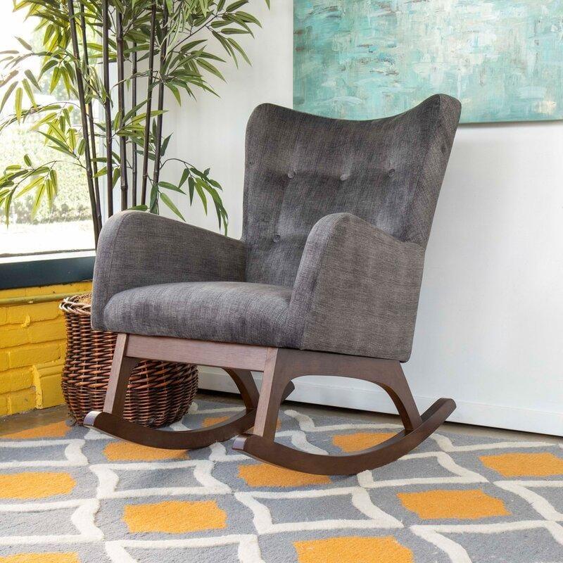 Croce Mid-Century Modern Rocking Chair – Button-Tufted Fabric, Walnut Rockers