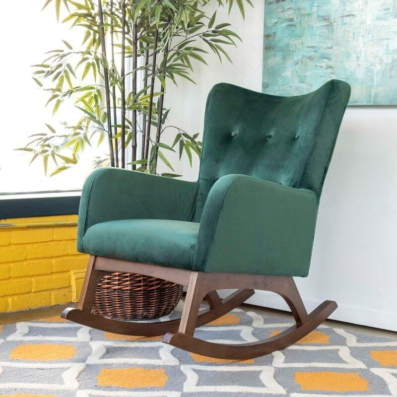 Croce Mid-Century Modern Rocking Chair – Button-Tufted Fabric, Walnut Rockers