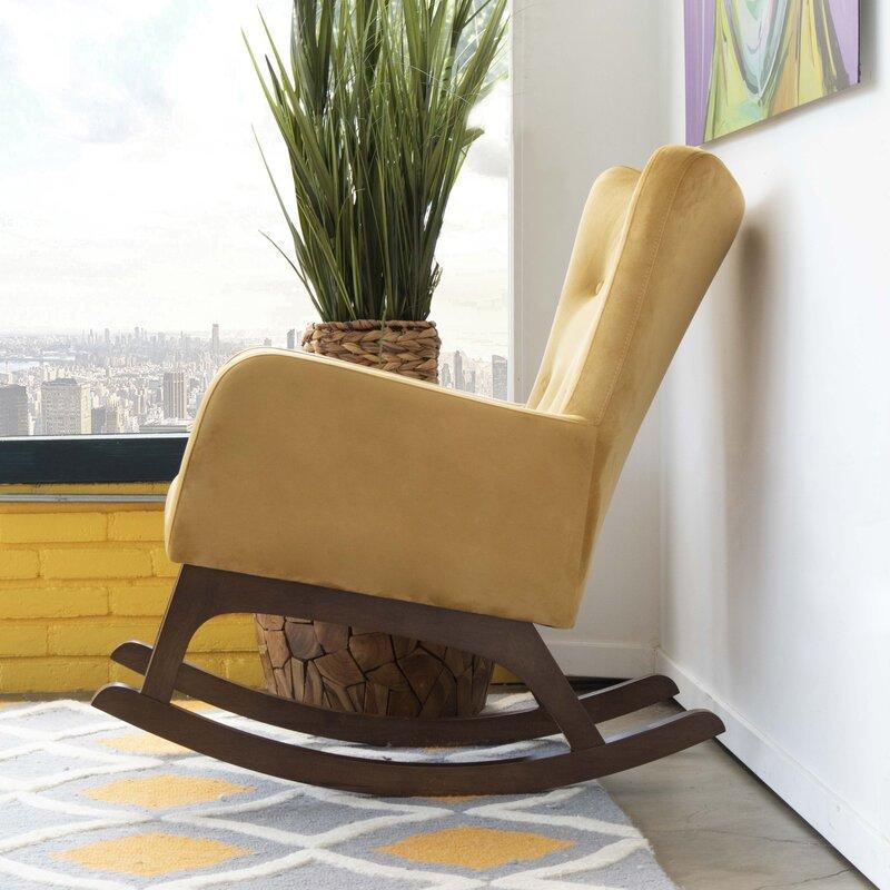 Croce Mid-Century Modern Rocking Chair – Button-Tufted Fabric, Walnut Rockers