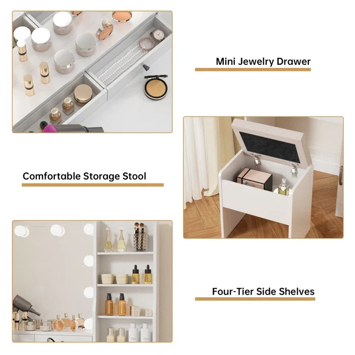 Elainy Vanity Dressing Table with Lighted Mirror & Storage Stool-Wooden Crest