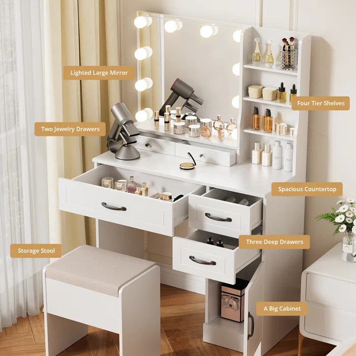 Elainy Vanity Dressing Table with Lighted Mirror & Storage Stool-Wooden Crest