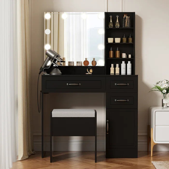 Elainy Vanity Dressing Table with Lighted Mirror & Storage Stool-Wooden Crest