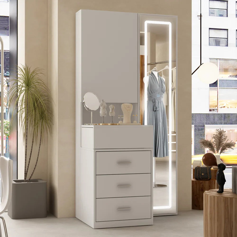 Kenia Full View Vanity Dressing Table with Mirror, Lights, and Storage