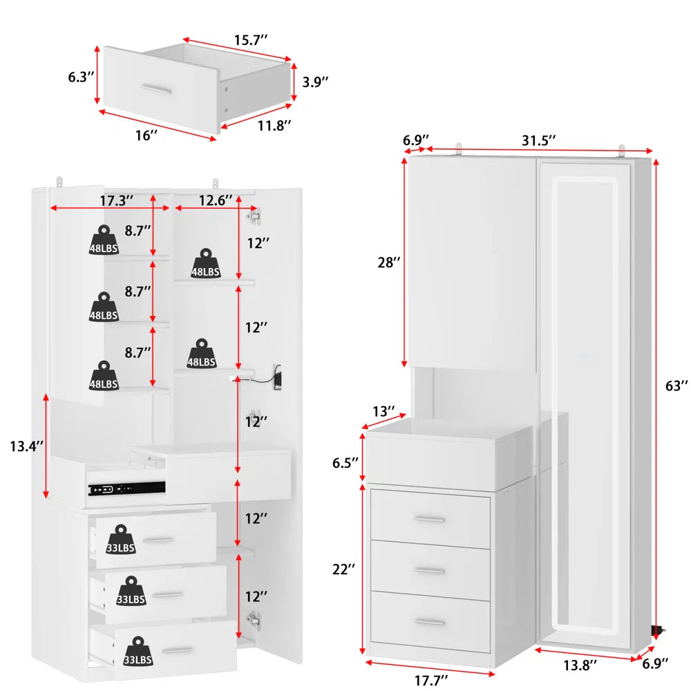 Kenia Full View Vanity Dressing Table with Mirror, Lights, and Storage