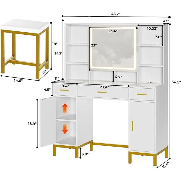 Morehart Vanity Dressing Table with Lighted Mirror and Stool