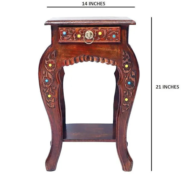 Vintage Carved Drawer Side Table with Spindle Design-Wooden Crest