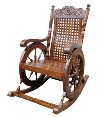 Hand-Carved Sheesham Wood Rocking Chair-Wooden Crest
