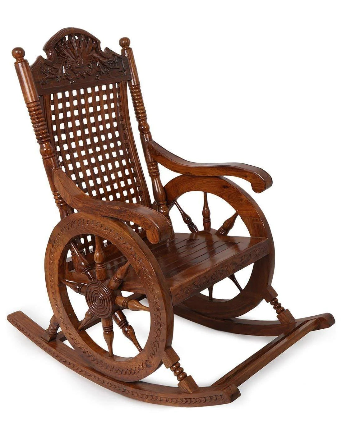 Hand-Carved Sheesham Wood Rocking Chair-Wooden Crest