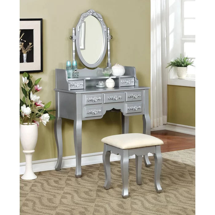 Sheehan Wooden Vanity Dressing Table Set with Mirror and Stool