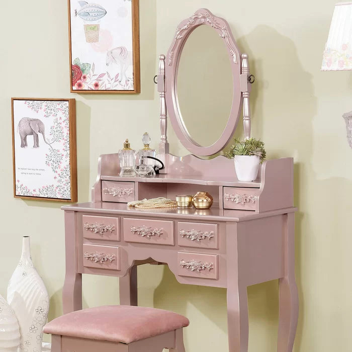 Sheehan Wooden Vanity Dressing Table Set with Mirror and Stool