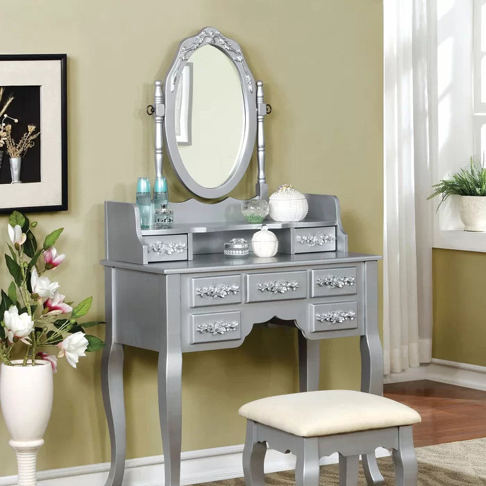 Sheehan Wooden Vanity Dressing Table Set with Mirror and Stool