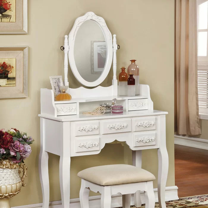 Sheehan Wooden Vanity Dressing Table Set with Mirror and Stool