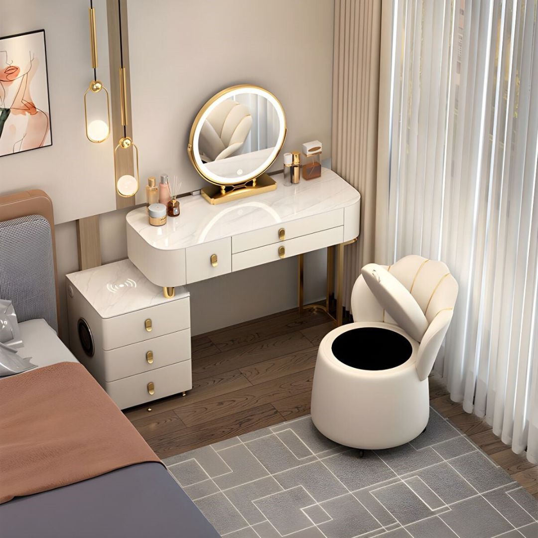 Lighted Mirror Vanity Dressing Table Set with Storage Drawers & Chair