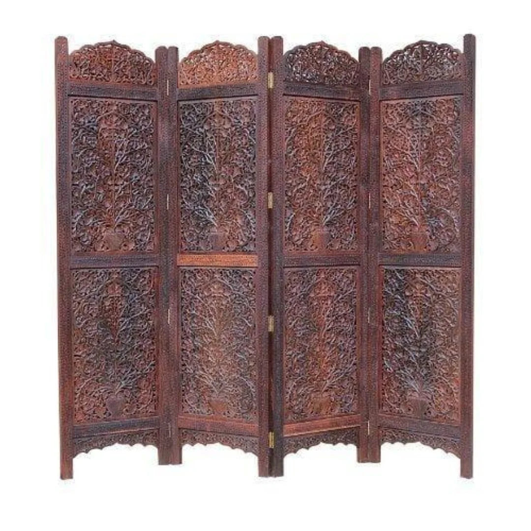 Regal Four-Panel Room Divider with Botanical Jali Design