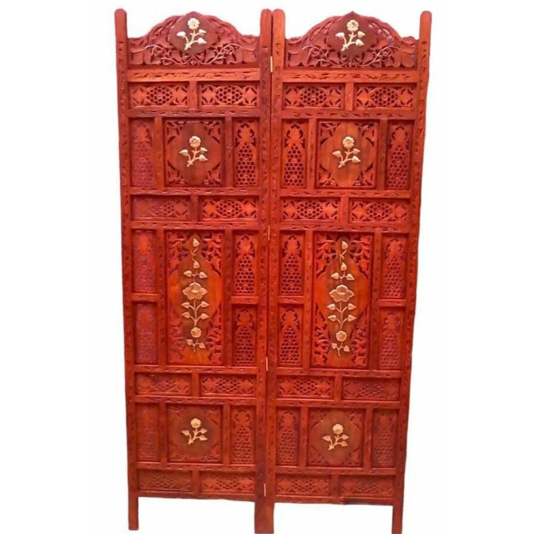 Majestic Four-Panel Room Divider with Honeycomb Jali Design-Wooden Crest