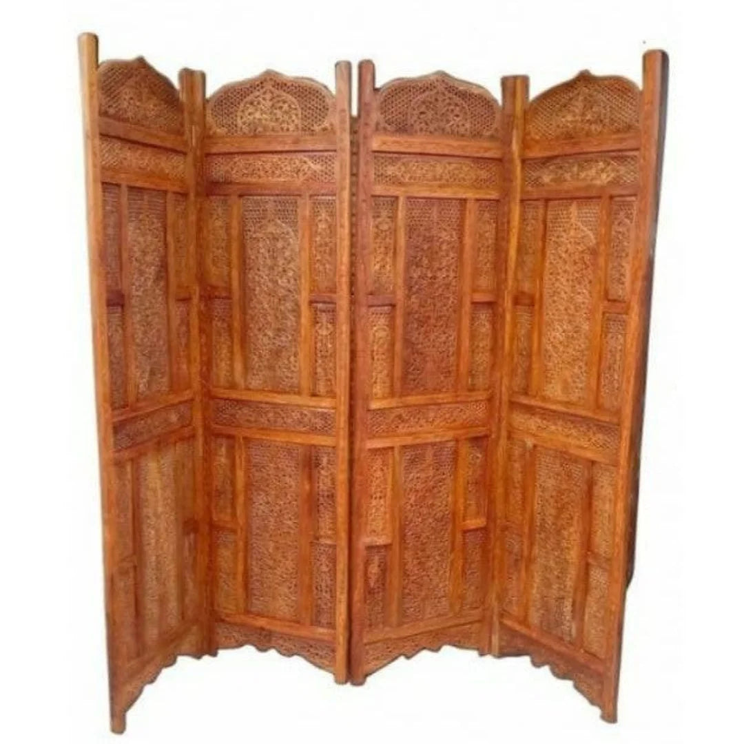 Palace Four-Panel Room Divider with Geometric Jali Design-Wooden Crest