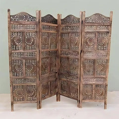 Artisan Four-Panel Room Divider with Lotus Medallion Design