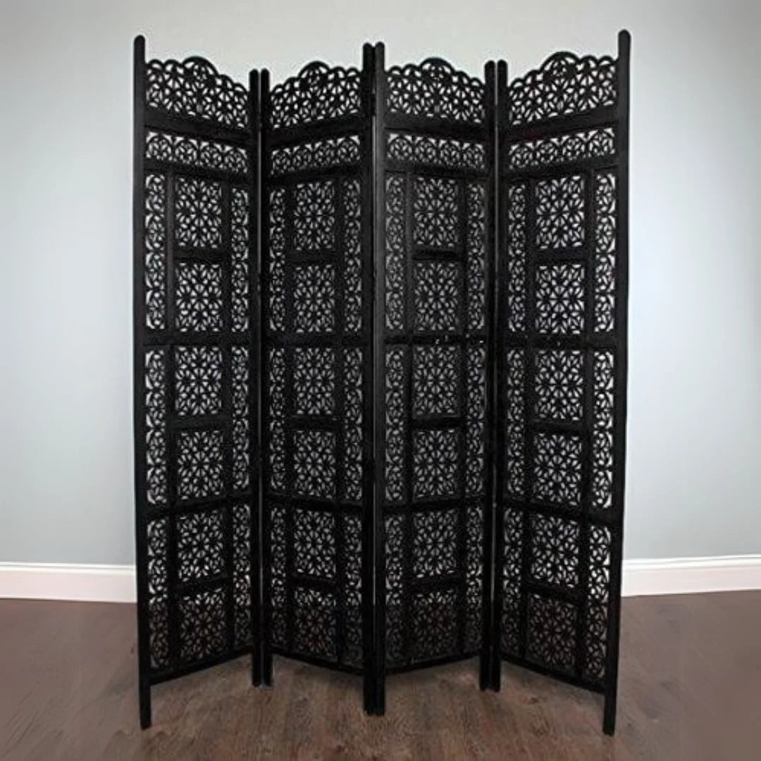 Mughal Four-Panel Room Divider with Floral Jali Design-Wooden Crest