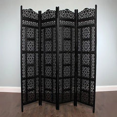 Mughal Four-Panel Room Divider with Floral Jali Design-Wooden Crest