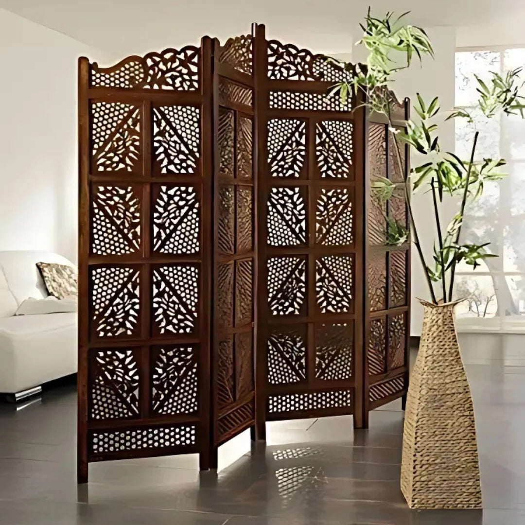 Majestic Four-Panel Room Divider with Floral Lattice Design