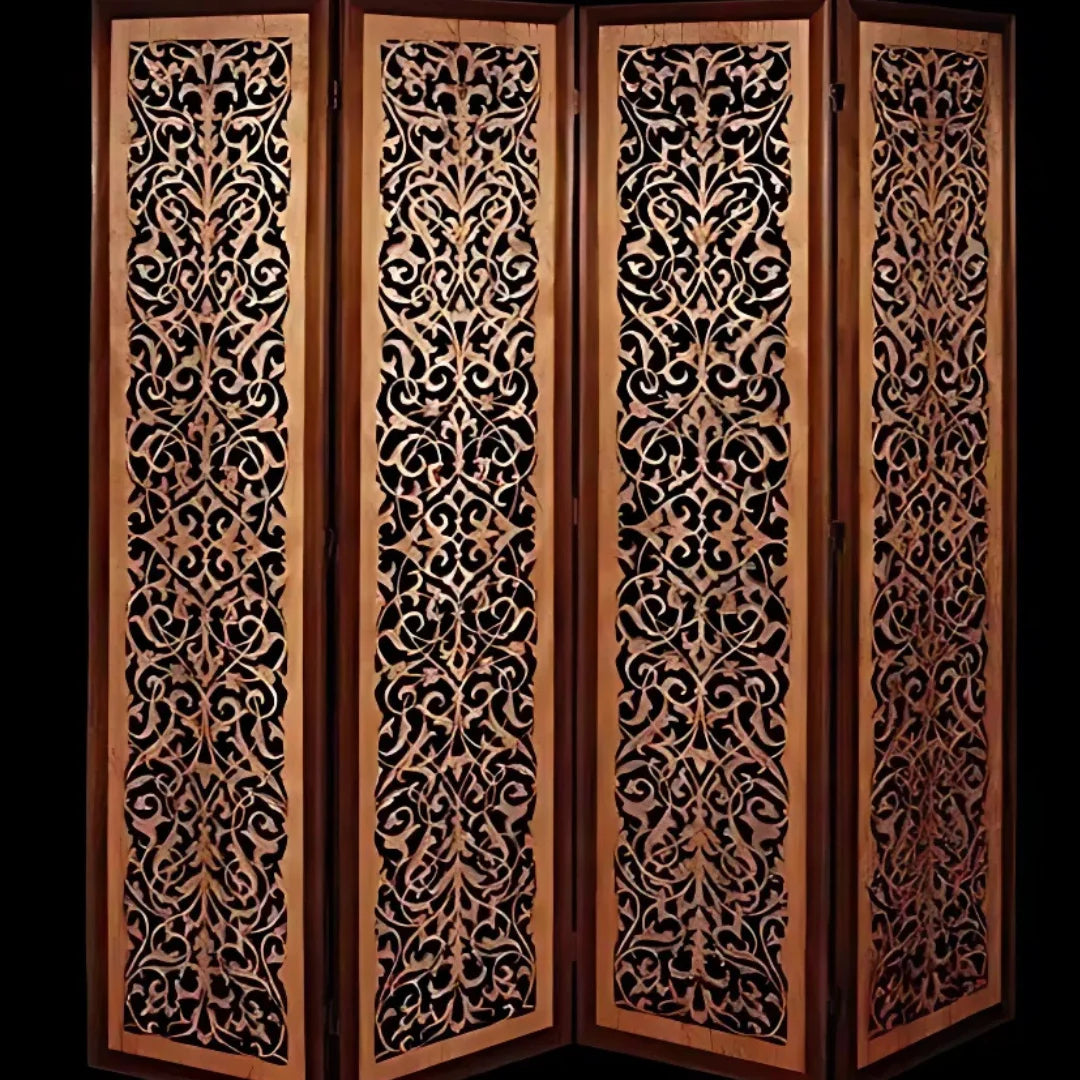 Heritage Four-Panel Room Divider with Floral Arabesque Design