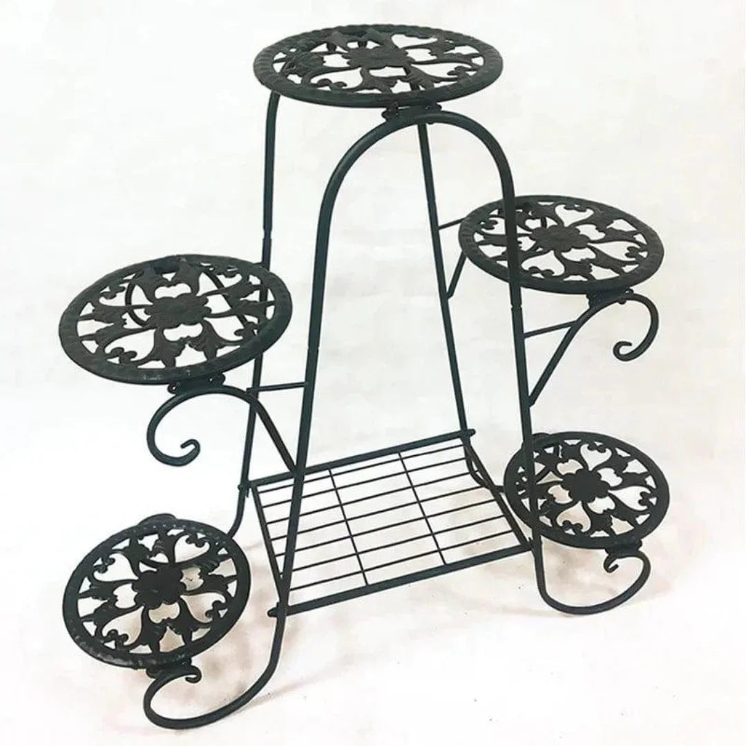 Victorian Six-Tier Plant Stand with Ornate Scrollwork-Wooden Crest