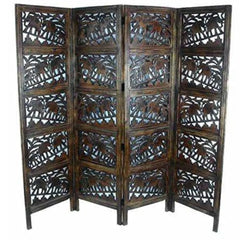 Antique Four-Panel Room Divider with Burnt Wood Finish