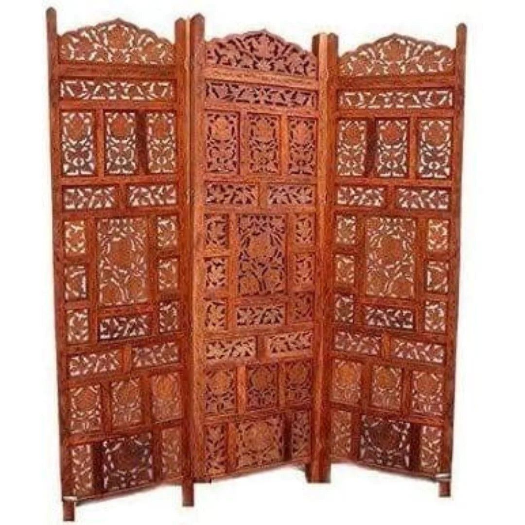 Classic Three-Panel Room Divider with Geometric Jali Design