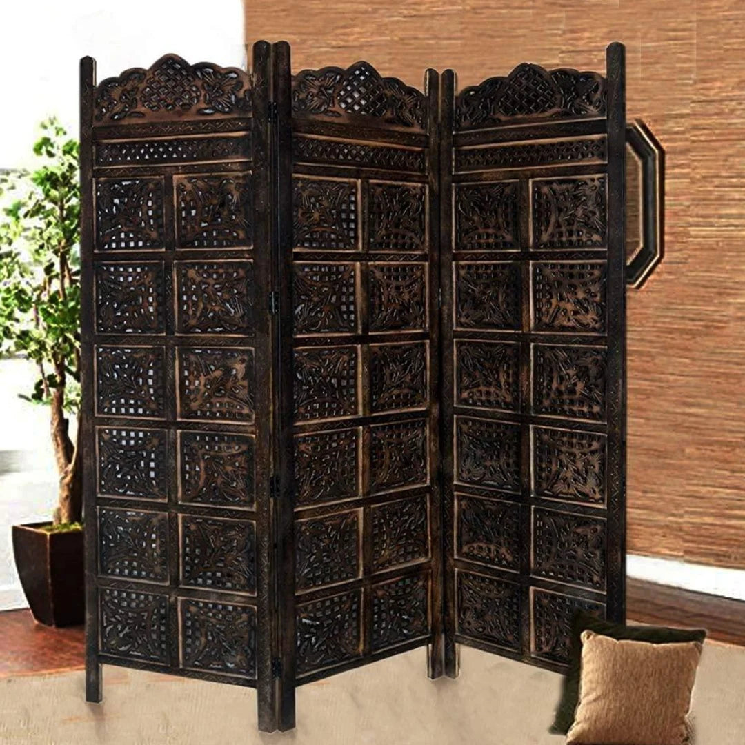 Vintage Three-Panel Room Divider with Lattice Scroll Design