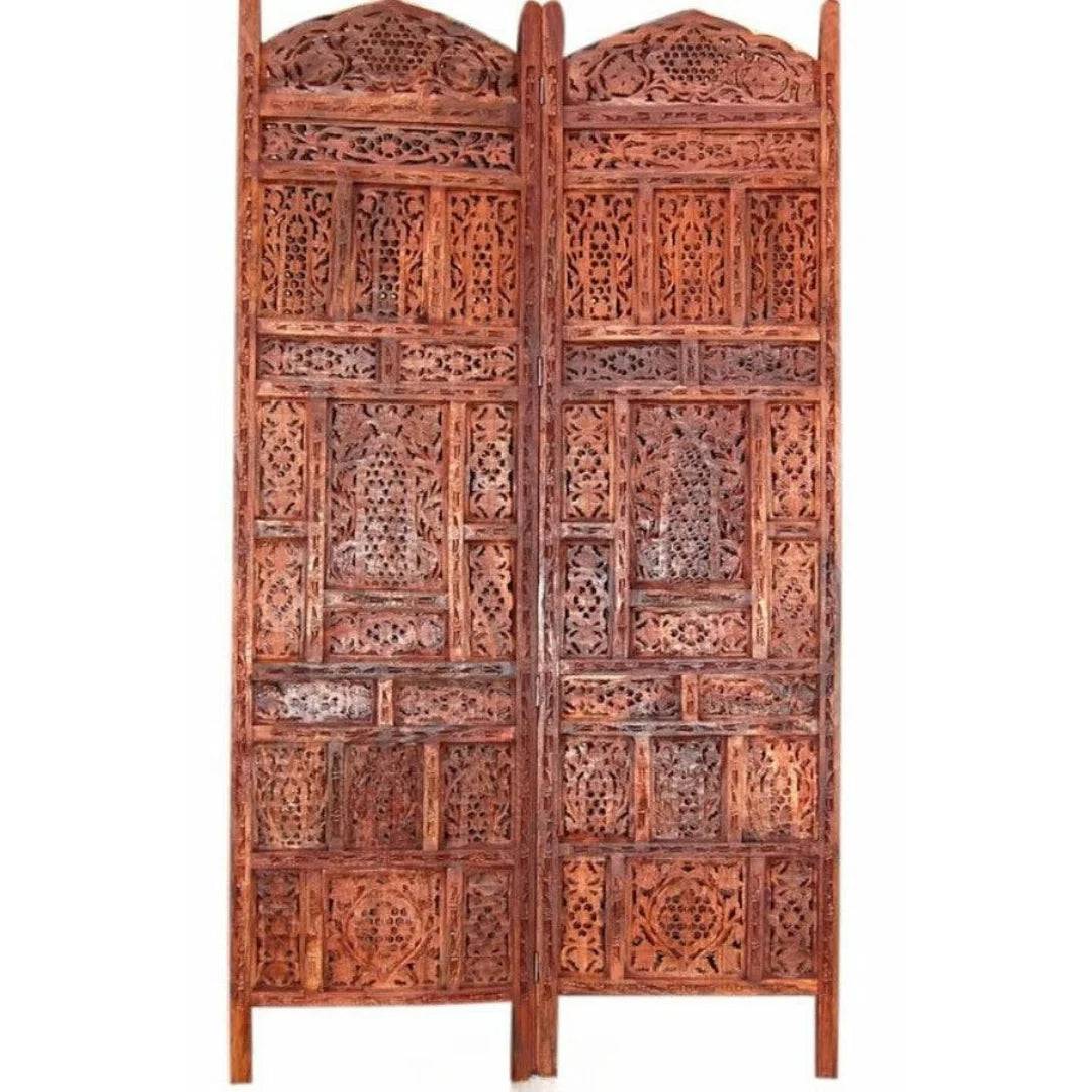 Grandeur Four-Panel Room Divider with Geometric Jali Design-Wooden Crest