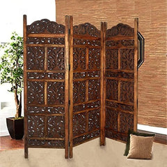 Traditional Three-Panel Room Divider with Floral Arabesque Design-Wooden Crest