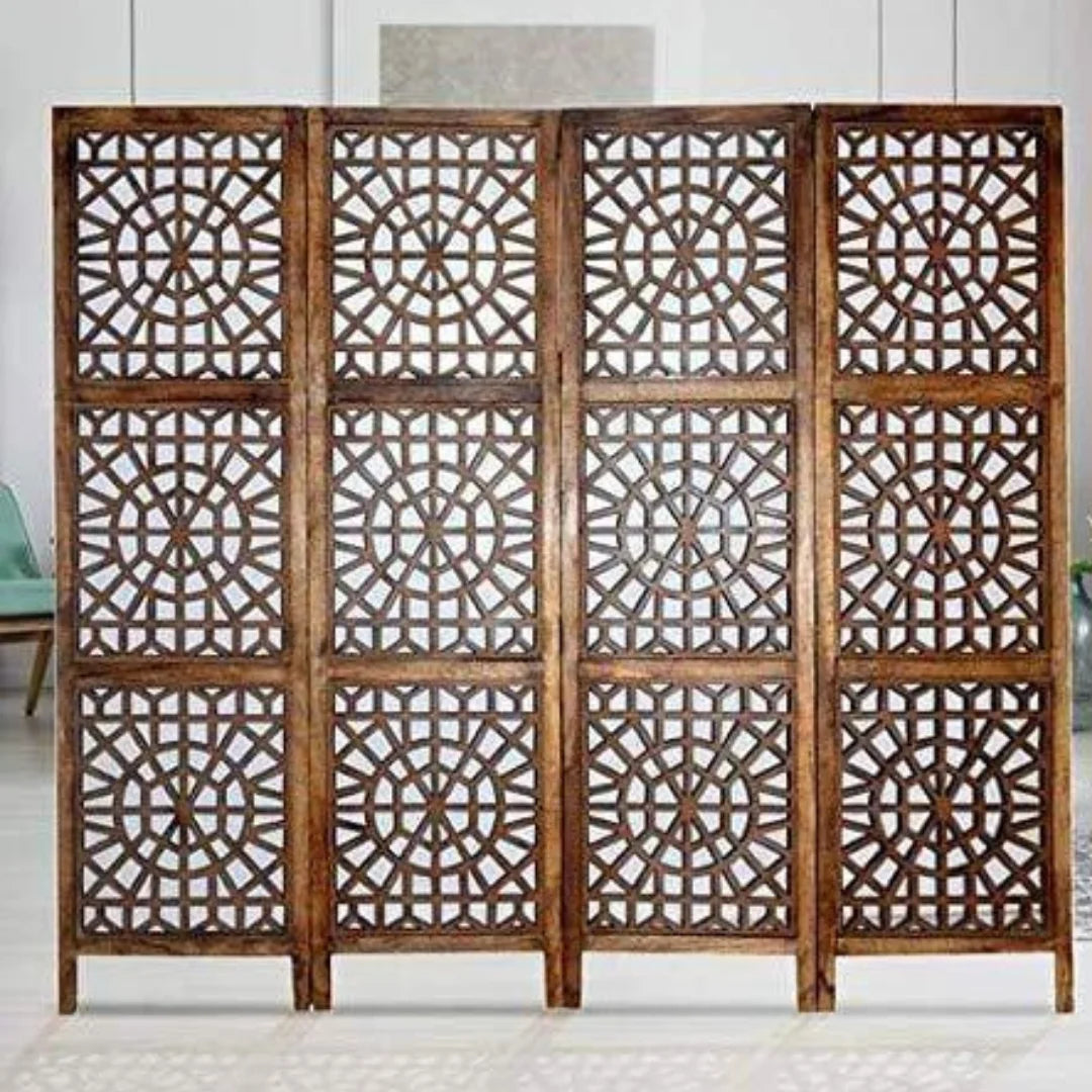 Traditional Four-Panel Room Divider with Floral Lattice Design-Wooden Crest