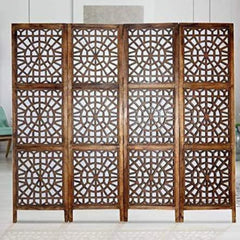 Traditional Four-Panel Room Divider with Floral Lattice Design-Wooden Crest