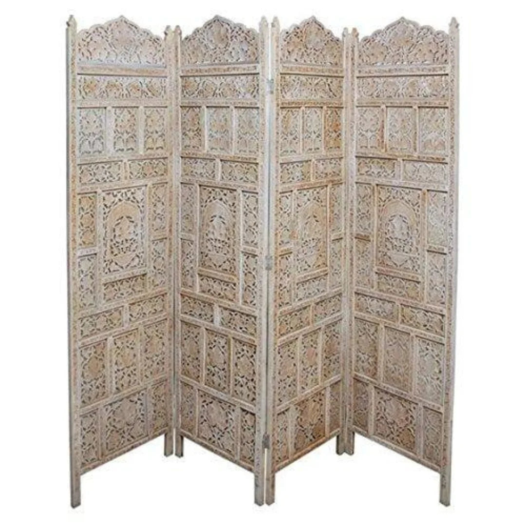 Artisan Four-Panel Room Divider with Geometric Jali Design-Wooden Crest