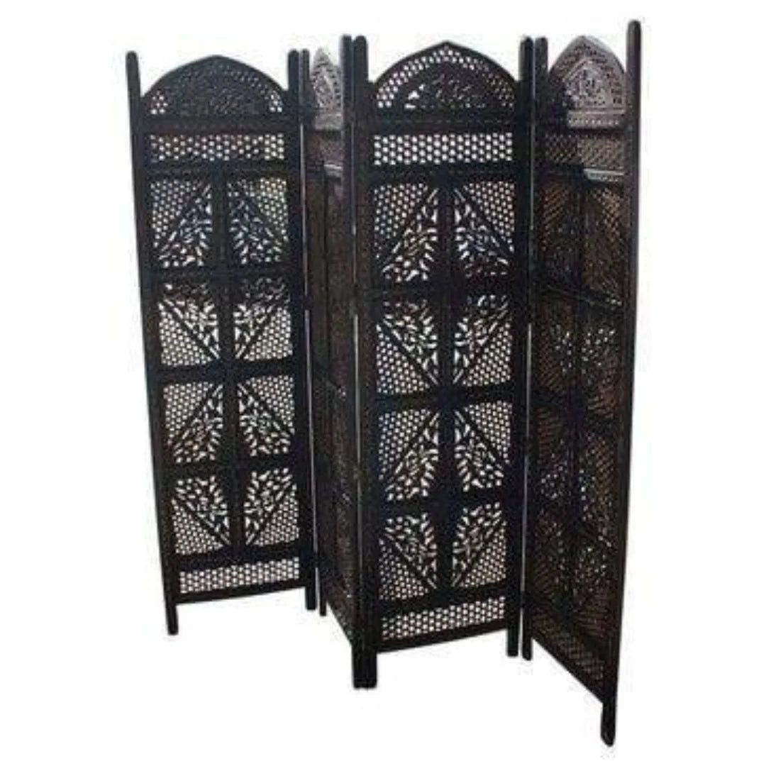 Heritage Four-Panel Room Divider with Floral Lattice Design