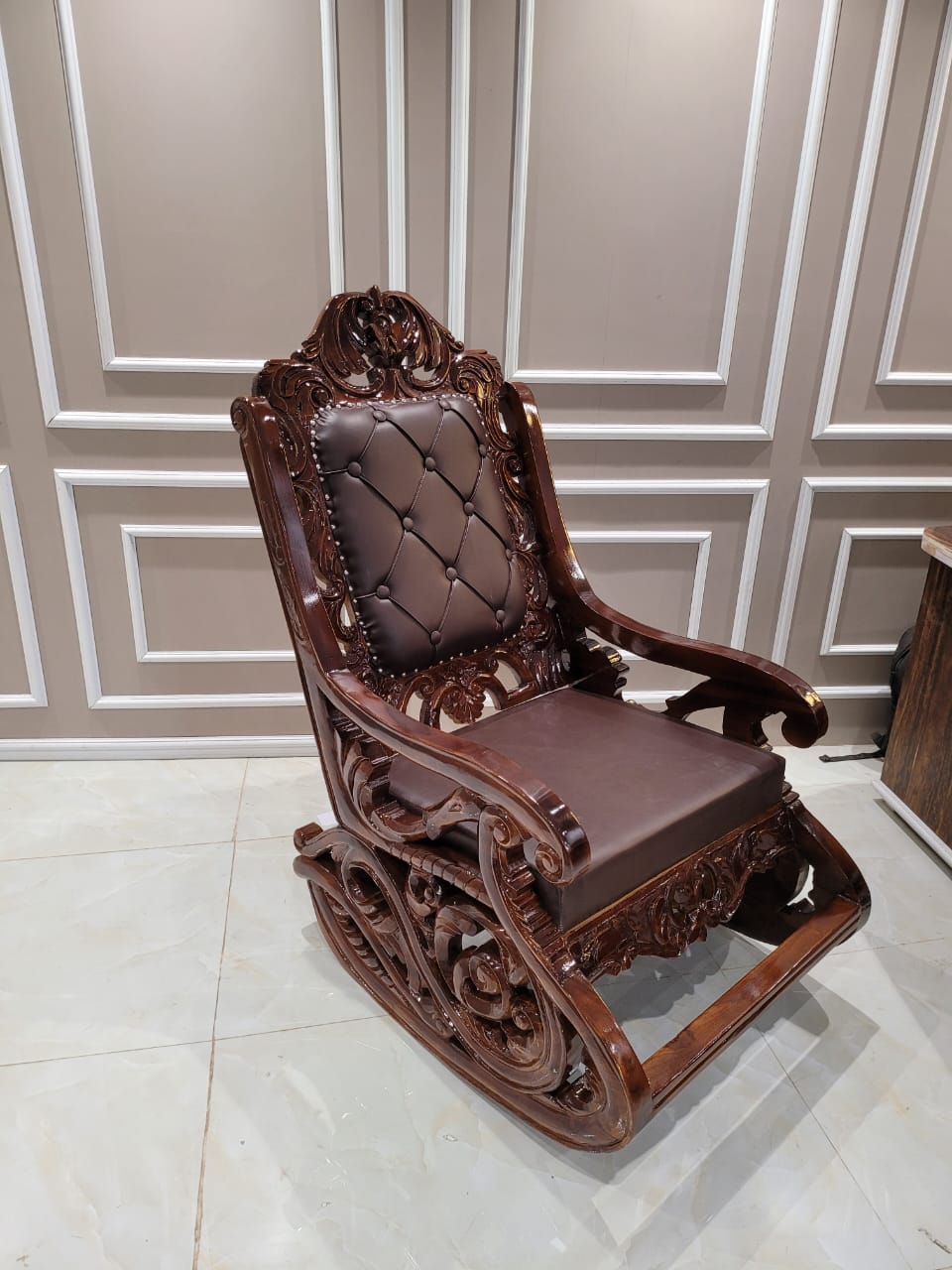 Wooden Rocking Chair , Wooden Carving, Teak Wood-Wooden Crest
