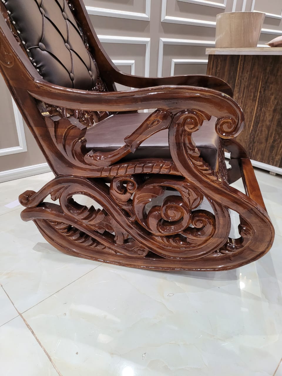Wooden Rocking Chair , Wooden Carving, Teak Wood-Wooden Crest