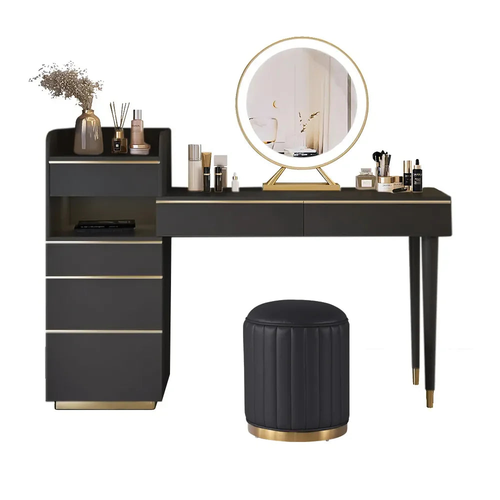 Modern Black Makeup Vanity Set with Lighted Mirror and Stool